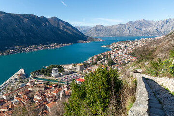 Coastal view on a sunny winter day on the Bay of Kotor, Montenegro