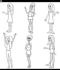 cartoon young woman funny characters set coloring page