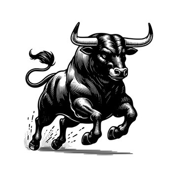 muscle bull with horn running in wilderness hand drawn art style vector illustration