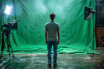 A film crew works on a set, with a cinematographer operating a camera focused on the action in front of a green screen. - obrazy, fototapety, plakaty