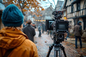 Fototapeta premium A filmmaker observes as the crew prepares to shoot a scene, with the camera in sharp focus against a backdrop of an urban street setting.