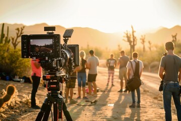 A film crew captures a scene during golden hour with a professional camera, amidst a desert scenery backlit by the setting sun.