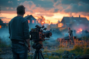 A cinematographer operates a camera on a tripod, capturing a scene outside a house bathed in atmospheric blue light and fog at dusk.
