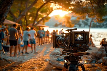 A film camera is set up on a tripod, capturing a scene at the beach with the crew working in the background during sunset. - obrazy, fototapety, plakaty