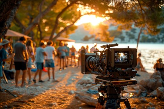 A film camera is set up on a tripod, capturing a scene at the beach with the crew working in the background during sunset.
