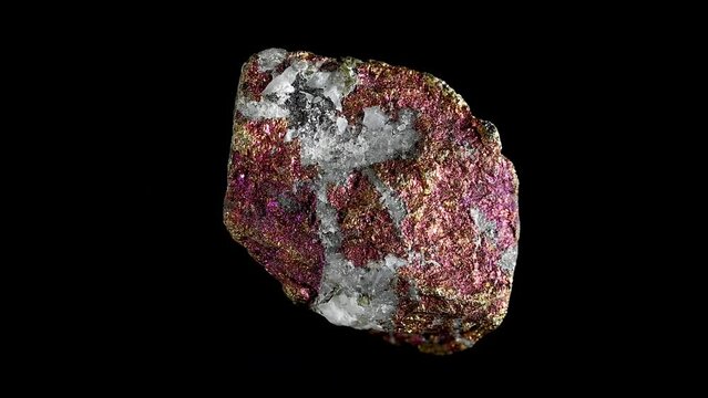 Peacock Ore / Bornite / Chalcopyrite (copper ore) sample rotating against a black background	