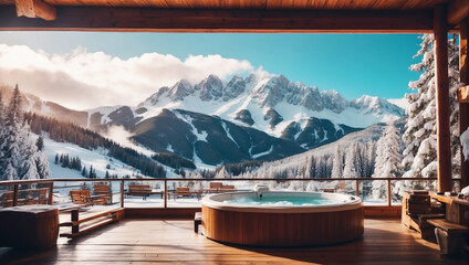 ski resort in the mountains a hot tub - obrazy, fototapety, plakaty