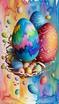  Colorful Easter eggs with intricate patterns nestled in a nest, set against a vibrant watercolor-like background