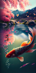 Fish and vibrant closeup cherry blossoms. Ai generated