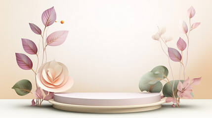 Abstract Pastel Composition of Colorful Flowers and Leaves on a Podium Stand, Bringing Natural Beauty to Your Designs – Serene Botanical Garden Concept