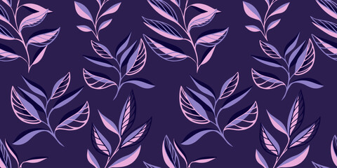 Modern violet minimalistic seamless pattern with abstract creative shapes leaves. Leaves sprigs twigs leafage stem branch printing. Vector hand drawn sketch. Collage for designs, patterned, fabric