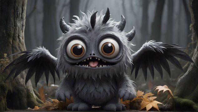 Against a pitch-black background, a medium close-up of a mischievous grey monster with an array of eyes, each one reflecting a different emotion. Its striped fur and intricate wings make it a unique.