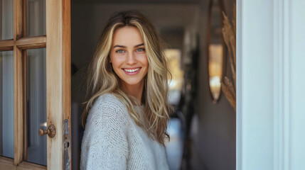 Fototapeta na wymiar Portrait of a beautiful young woman with blonde hair, opening a door, welcoming the guests into her house, showing hospitality and friendliness. Looking at the camera and smiling. Greeting people