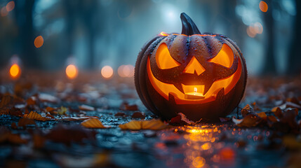 A carved jack-o'-lantern, with flickering candlelight as the background, during Halloween festivities