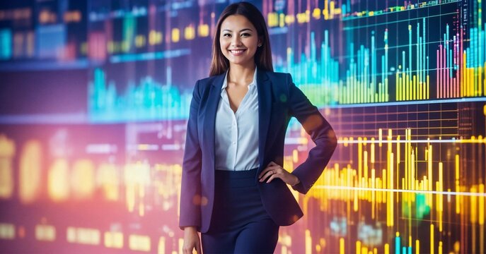 A vibrant image depicts a businesswomen with full body small smiling, defocus, standing behind a fully transparent computer screen and looking directly to the camera
