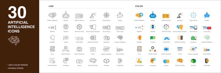 Artificial intelligence AI icon set in line style and color style. AI simple black line style and colorful style symbol sign for apps and website and infographic vector illustration.