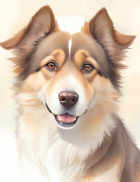 A whimsical watercolor portrait of a brown-faced dog, its fur illuminated by a soft, pastel light