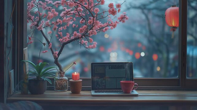 cozy spring and cherry blossoms enjoyed a coffee cup and laptop
