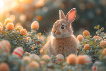 Fotobehang Osterhase im Sonnenschein auf Wiese mit Ostereiern, Hase mit bunten Eiern, Konzept Ostern © GreenOptix