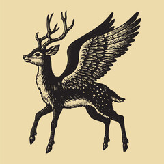 Young deer with wings. Flying deer.   Vintage retro engraving illustration. Black icon, isolated element	