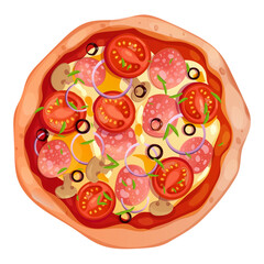Pizza top view with salami, olives, tomato and mushrooms isolated on white background. Whole pizza with cheese, tasty italian food.