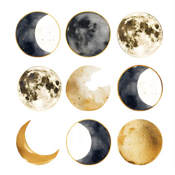 Watercolor magic moons set. Dark moon with gold elements. Round shaped celestial collection.