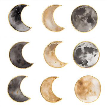 Watercolor magic moons set. Dark moon with gold elements. Round shaped celestial collection.