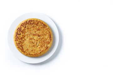Traditional spanish omelette isolated on white background. Top view. Copy space