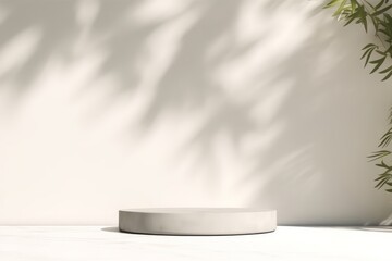 3D Empty modern, minimal counter, table top in dappled sunlight and foliage leaf shadow on white wall in background for luxury beauty, cosmetic product display, Generative AI