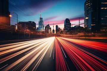 Fotobehang long exposure image city traffic lights at sunset rush hour © Rojo