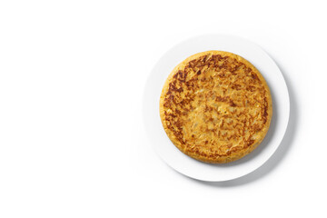 Traditional spanish omelette isolated on white background. Top view. Copy space