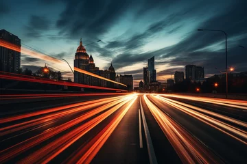 Fotobehang long exposure image city traffic lights at sunset rush hour © Rojo