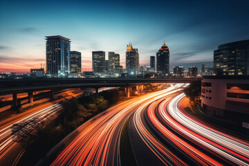 long exposure image city traffic lights at sunset rush hour - 745691446