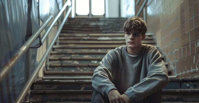 A  Young Man Sitting On Stairs Outdoors.