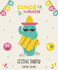 Holiday design for Cinco de Mayo with funny cactus in sombrero. Party invitation template
