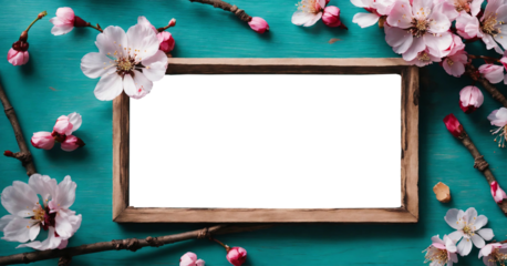 Superior quality mockup: Wooden frame, space for content, turquoise background with cherry blossoms. PNG file.
