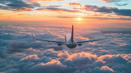 **A plane flies high above the clouds at sunset. The sky is a brilliant orange and yellow, and the...