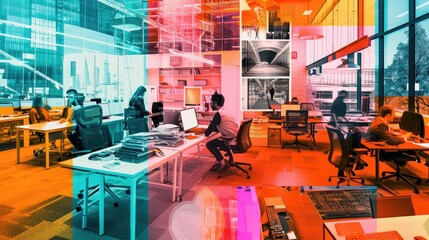 Office Buzz: Montage of Bustling Workspaces - obrazy, fototapety, plakaty