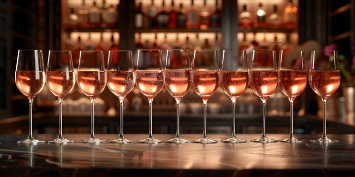 Display of Elegant Rosé Glasses on a Stylish Bar Counter. Concept Bar Decor, Stylish Glassware, Elegant Rosé Glasses, Home Bar Setup, Glassware Presentation