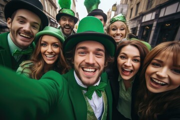 Festive Saint Patrick's snapshot, young group in leprechaun gear, capturing memories on a city street. Generated AI