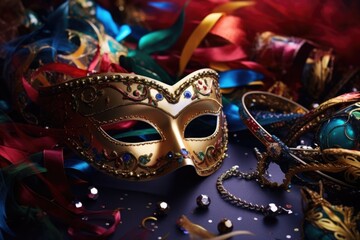 Carnival flair captured on photo: opulent masquerade mask surrounded by vibrant Mardi Gras costume adornments. Generated AI