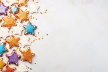 Cookie idea: Overhead shot of star-shaped sugar cookies and sprinkles on a white backdrop, leaving blank space for text or promotions. Generated AI