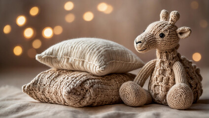 A heartwarming image of a handmade knitted toy giraffe sitting beside a pile of cozy pillows with a warm bokeh background