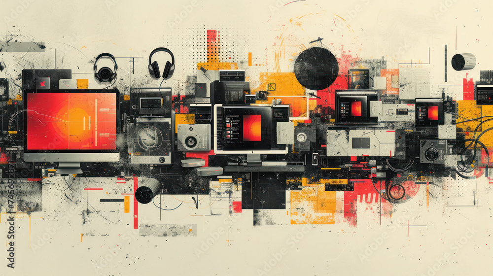 Poster abstract technology-themed collage with vibrant red and yellow accents, featuring a variety of devic