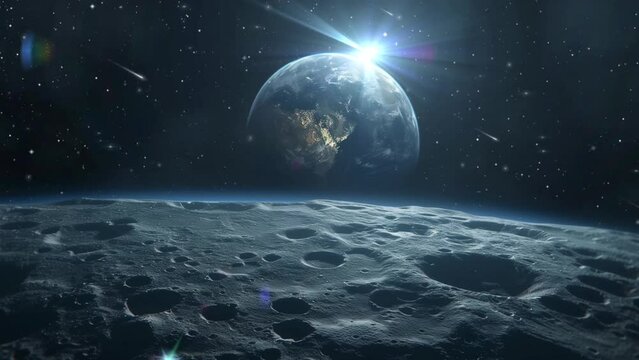 blue planet seen from the moon surface. space background illustration concept. seamless looping overlay 4k virtual video animation background