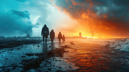 Fototapeta premium Impactful visual of a burning Earth amidst ruins, The ground is dry and cracked, highlighting the urgent need for climate action and environmental conservation