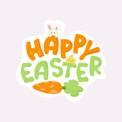 Happy Easter, Easter card, sticker in vectoroni style. Easter symbols, carrots, rabbit and chain