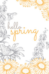 Spring flower card in a simple style with hand-drawn floral elements and the inscription hello, spring. Vector botanical illustration