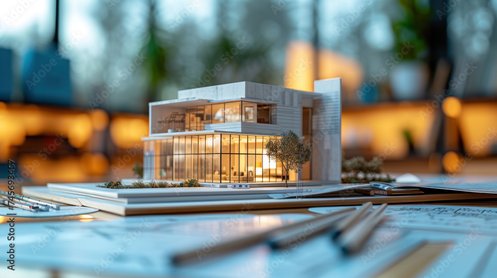 Aufkleber a detailed architectural model home basks in soft daylight, surrounded by meticulously designed gree