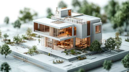 A detailed architectural model home basks in soft daylight, surrounded by meticulously designed greenery, highlighting sustainable living and modern design